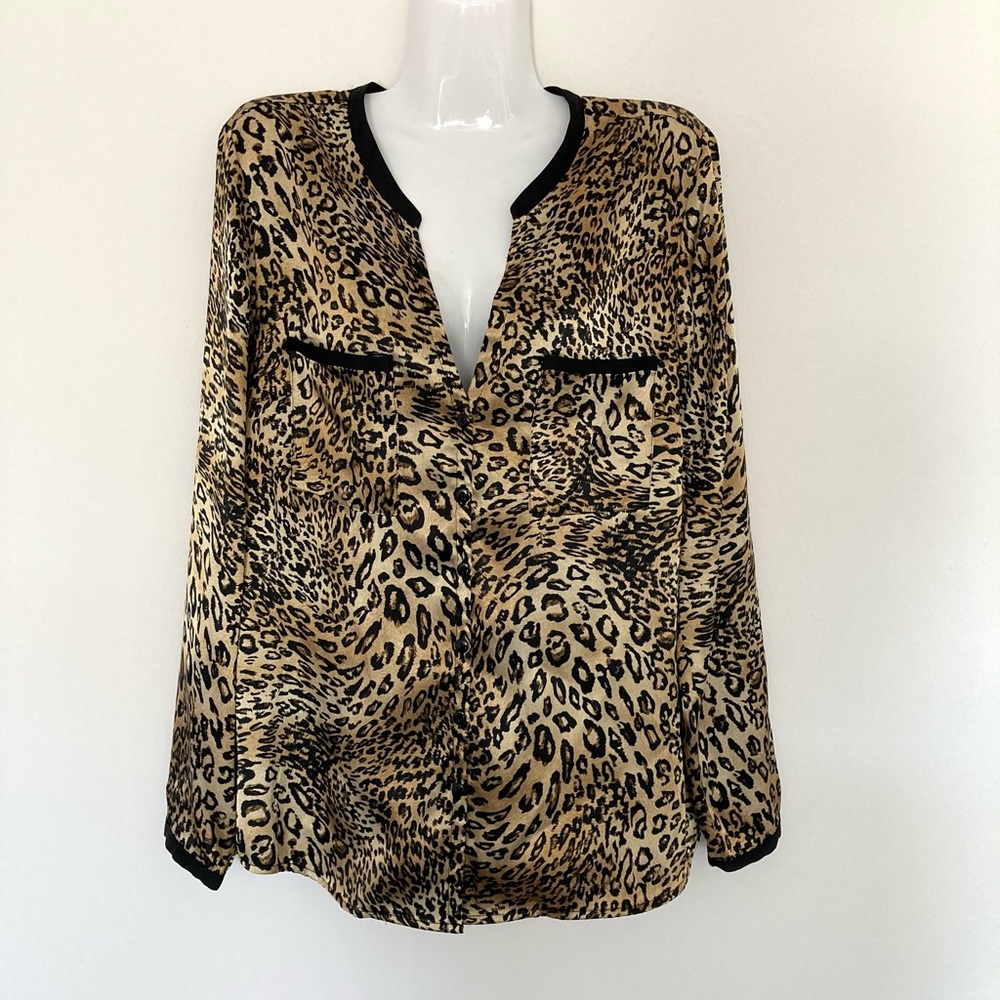 Kasper Separates Animal Print Cheetah Cat Print Long Sleeve Blouse Size L